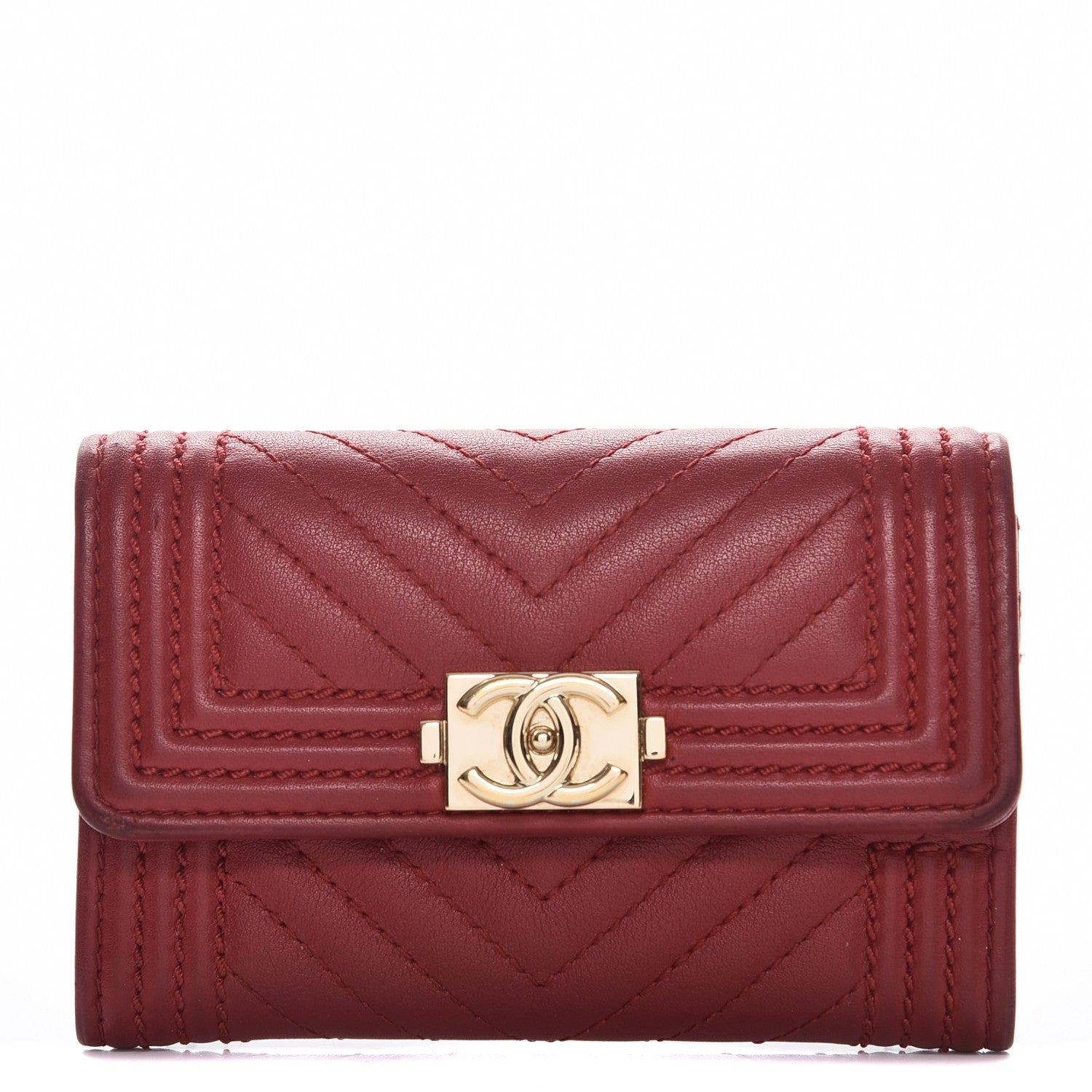 Chanel Calfskin Chevron Quilted Boy Card Holder Wallet Red 1 of 12