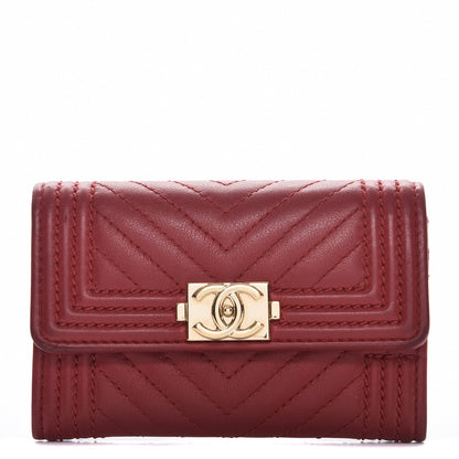 Chanel Calfskin Chevron Quilted Boy Card Holder Wallet Red 1 of 12