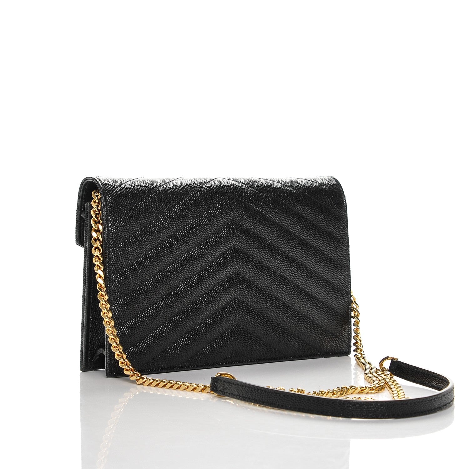 Saint Laurent Grain De Poudre Matelasse Chevron Monogram Envelope Chain Wallet Black 3 of 7