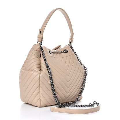 Chanel Deerskin Chevron Medium CC Chain Bucket Drawstring Bag Beige 4 of 8