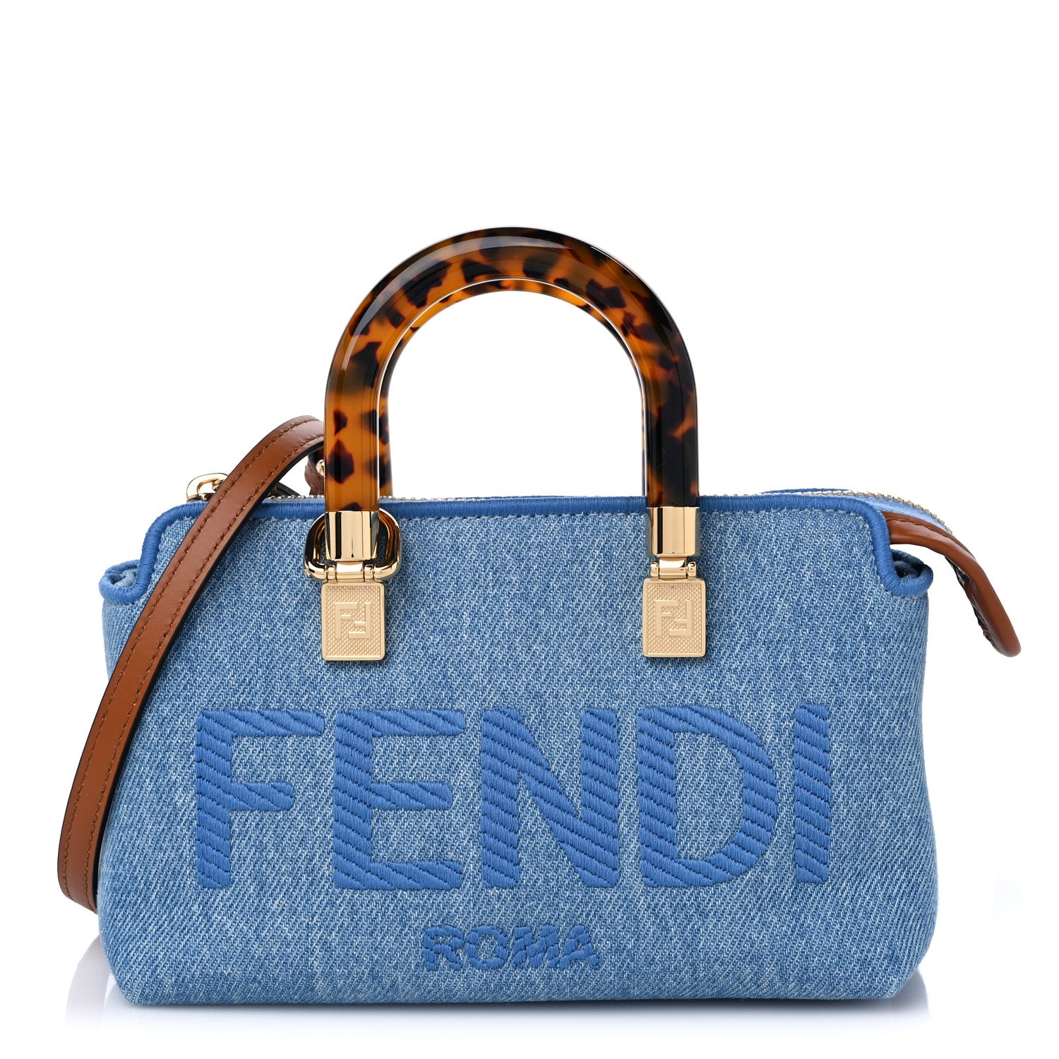 Fendi Denim Vitello King Plexiglass Logo Embroidered Mini By The Way Top Handle Boston Bag Denim Cuoio 1 of 9