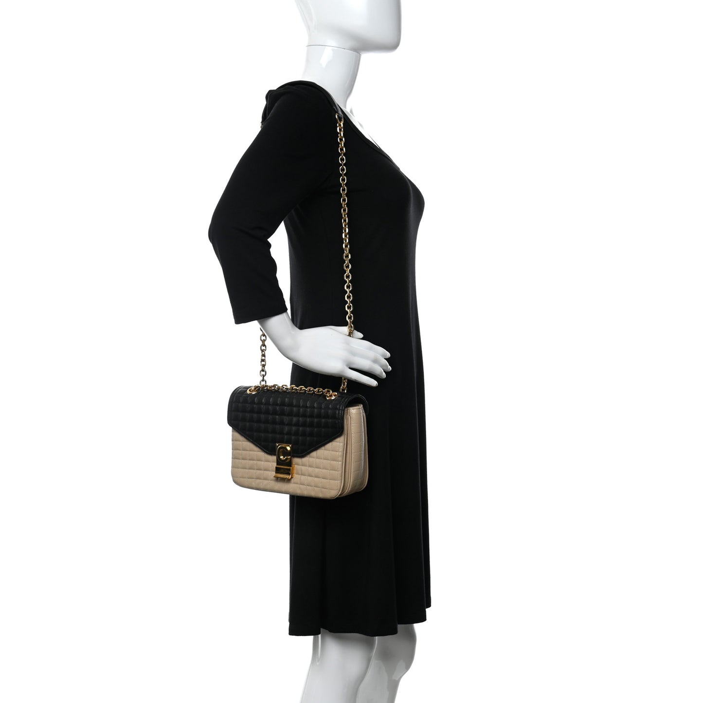 Calfskin Quilted Medium C Bag Black Beige