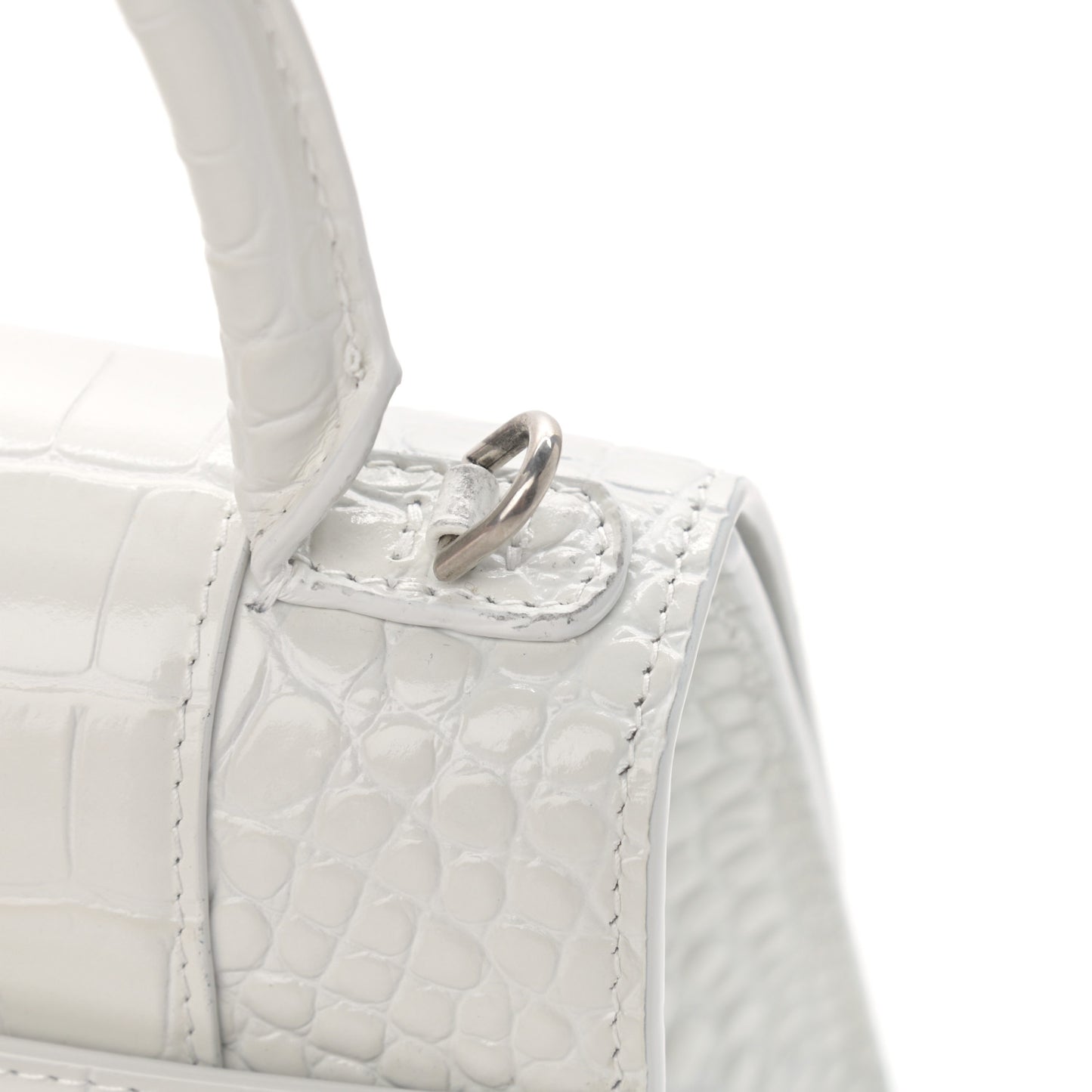 Calfskin Crocodile Embossed Small Hourglass Top Handle Bag White