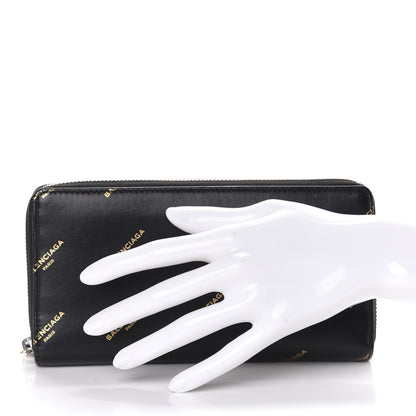 Balenciaga Calfskin Allover Logo Bazar Continental Zip Around Wallet Black Gold 2 of 9