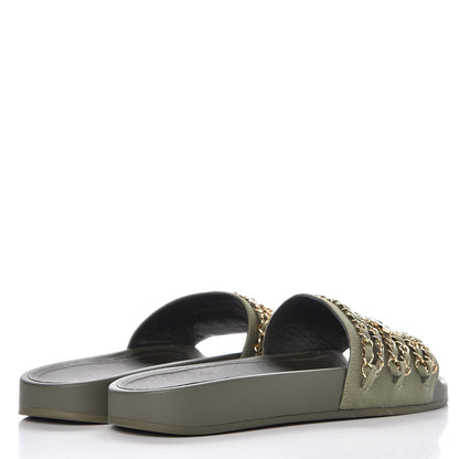 Chanel Canvas Chain Flat Sandals 38 Khaki 4 of 9