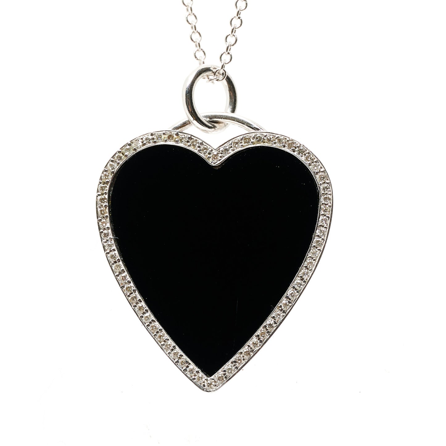 18K White Gold Diamond Black Onyx Heart Pendant Necklace