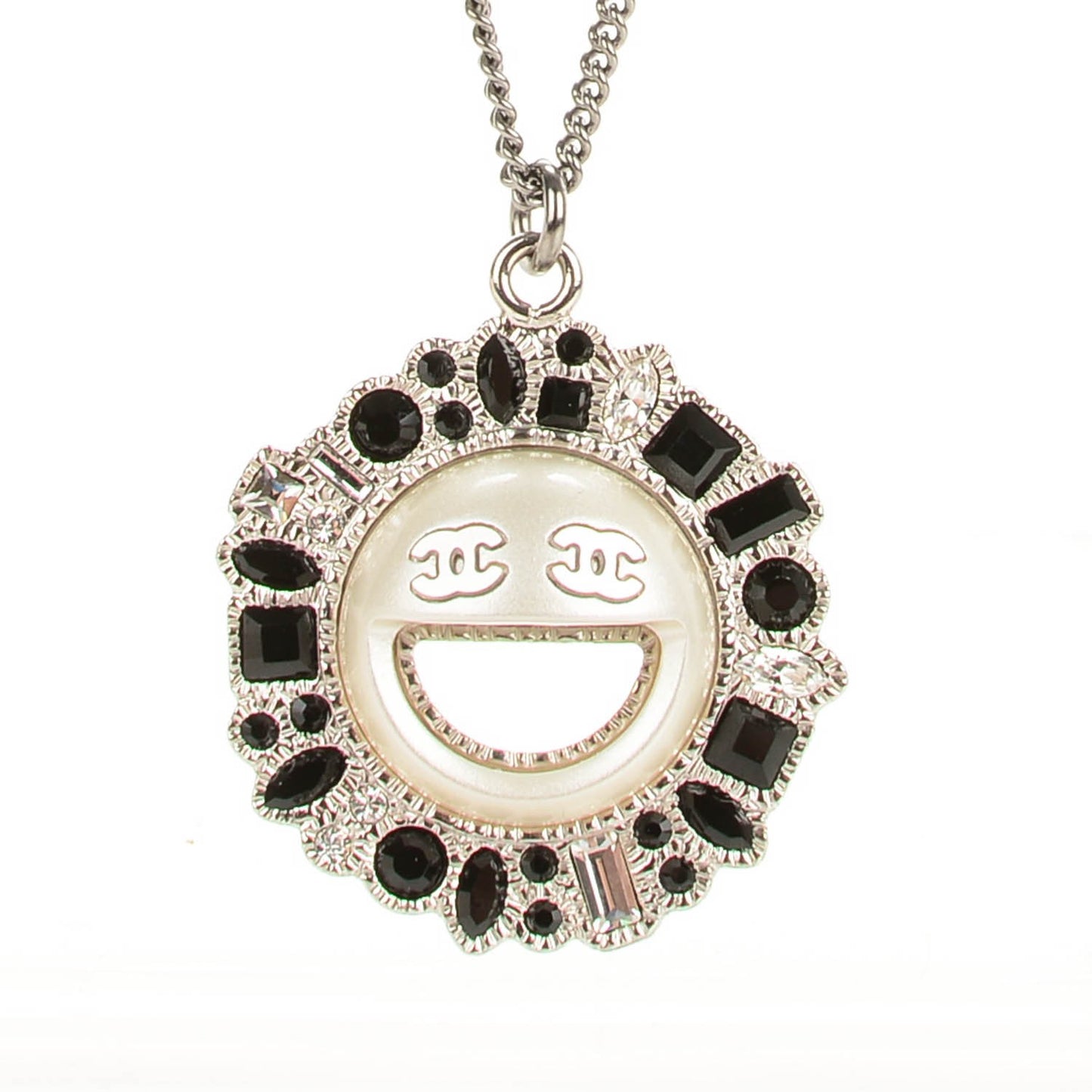 Crystal CC Smiley Emoji Pendant Necklace Silver