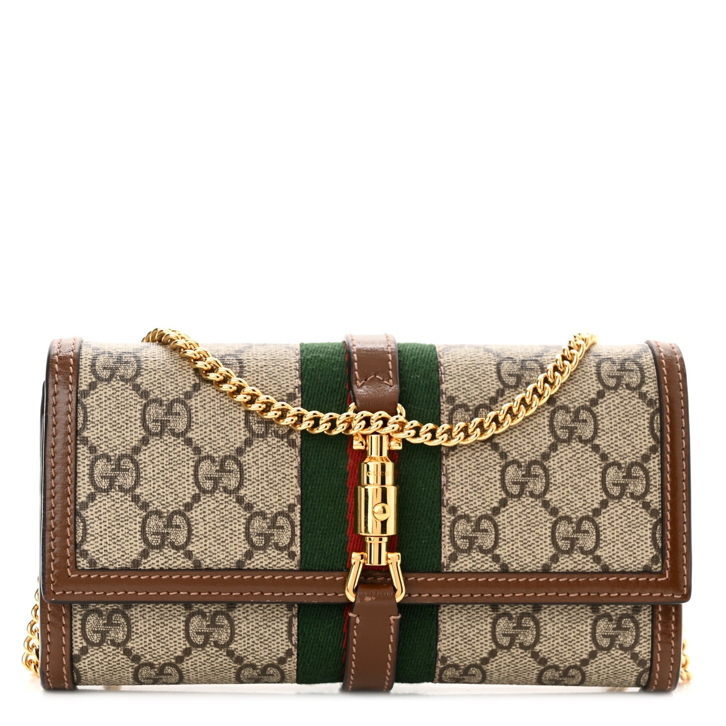 GG Supreme Monogram Azalea Calfskin Web Jackie 1961 Chain Wallet Beige Ebony Brown Sugar