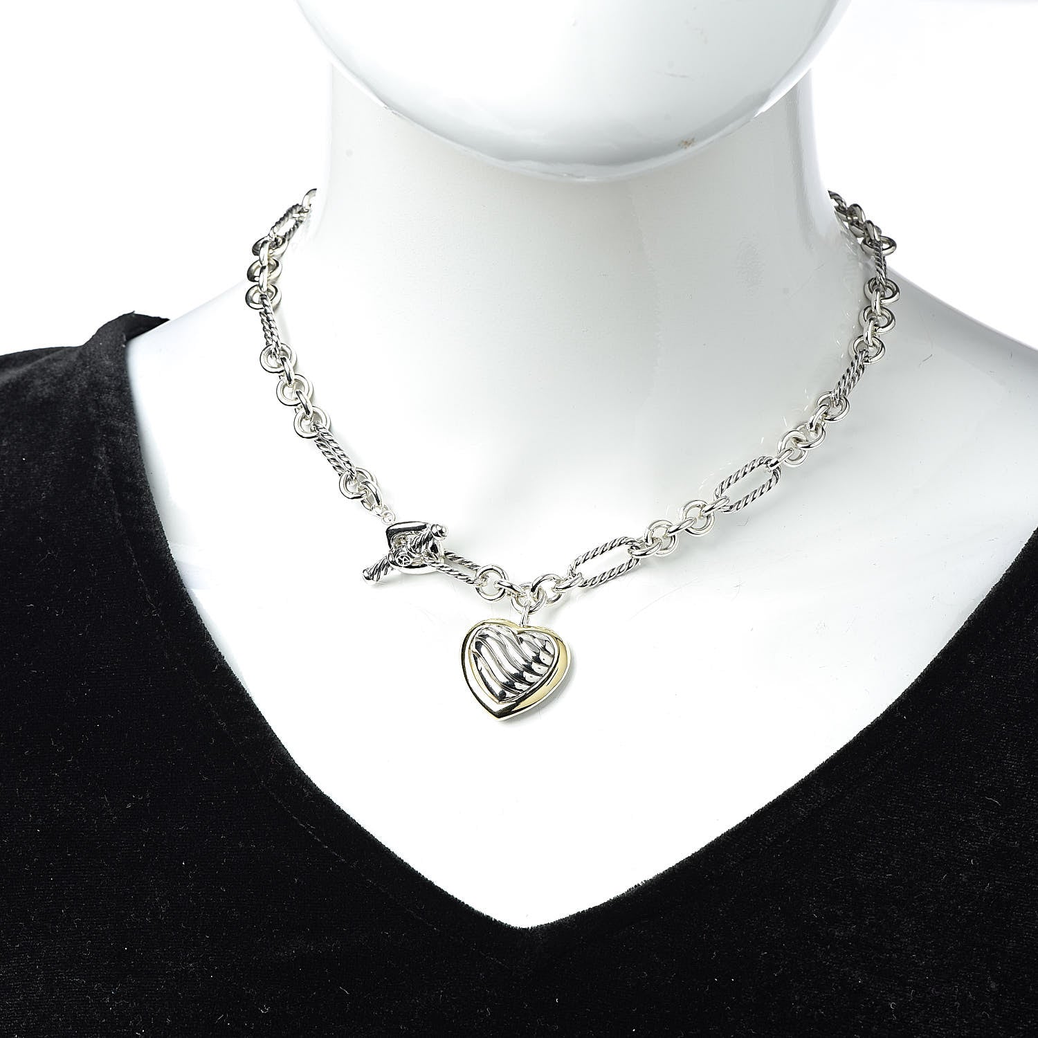 David Yurman Sterling Silver 18K Yellow Gold Cable Heart Figaro Necklace 2 of 5