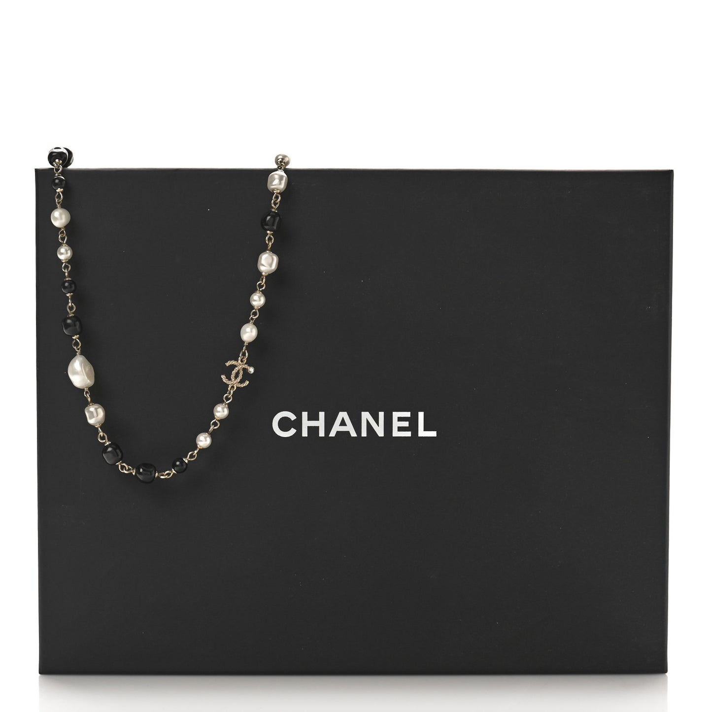 Pearl Beaded Crystal CC Long Necklace Gold Black White