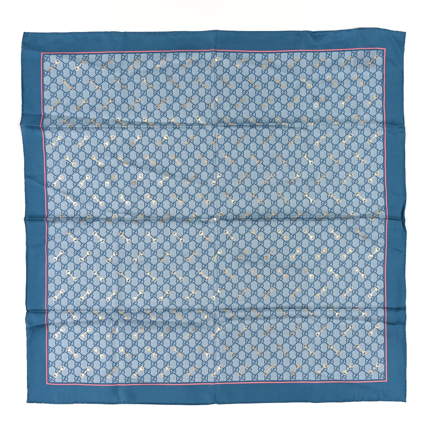 Gucci Silk Twill GG Monogram GG Gold Horsebit Square Scarf Bluette Pink 1 of 3