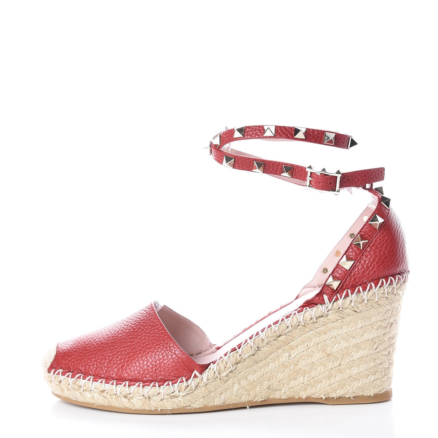 Grained Calfskin Rockstud Ankle Wrap Espadrille 15/85mm Wedges 41 Rosso Valentino Natural
