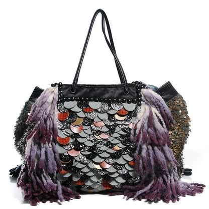 Fendi Wool Sequin Calfskin Ricami Embroidered Pillow Grande Voodoo Tote 1 of 9