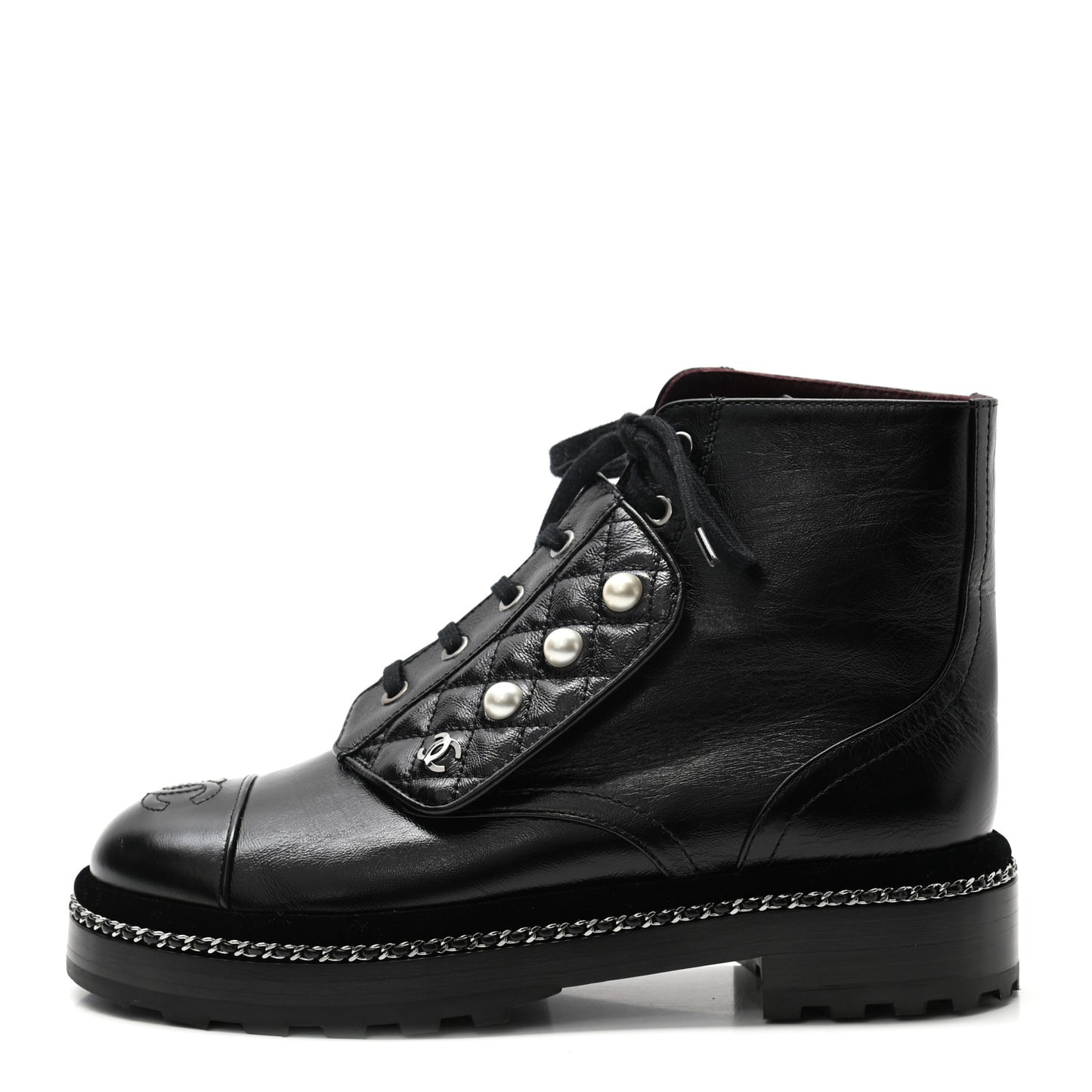Crackled Calfskin Velvet Pearl Combat Short Boots 37.5 Black