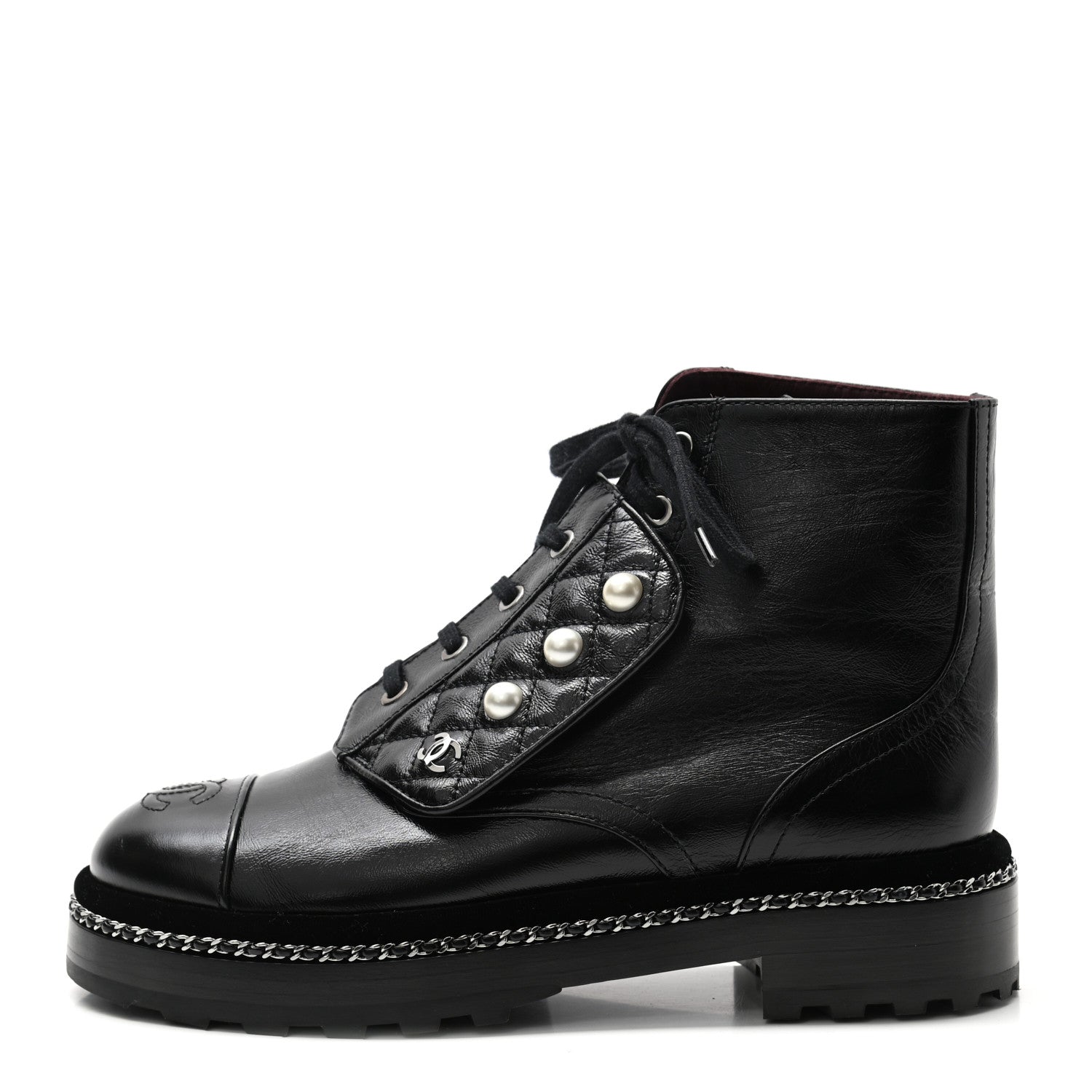 Chanel Crackled Calfskin Velvet Pearl Combat Short Boots 37.5 Black 1 of 8