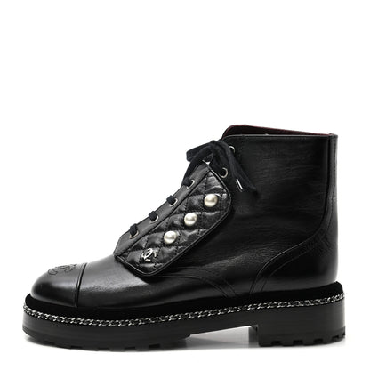 Chanel Crackled Calfskin Velvet Pearl Combat Short Boots 37.5 Black 1 of 8
