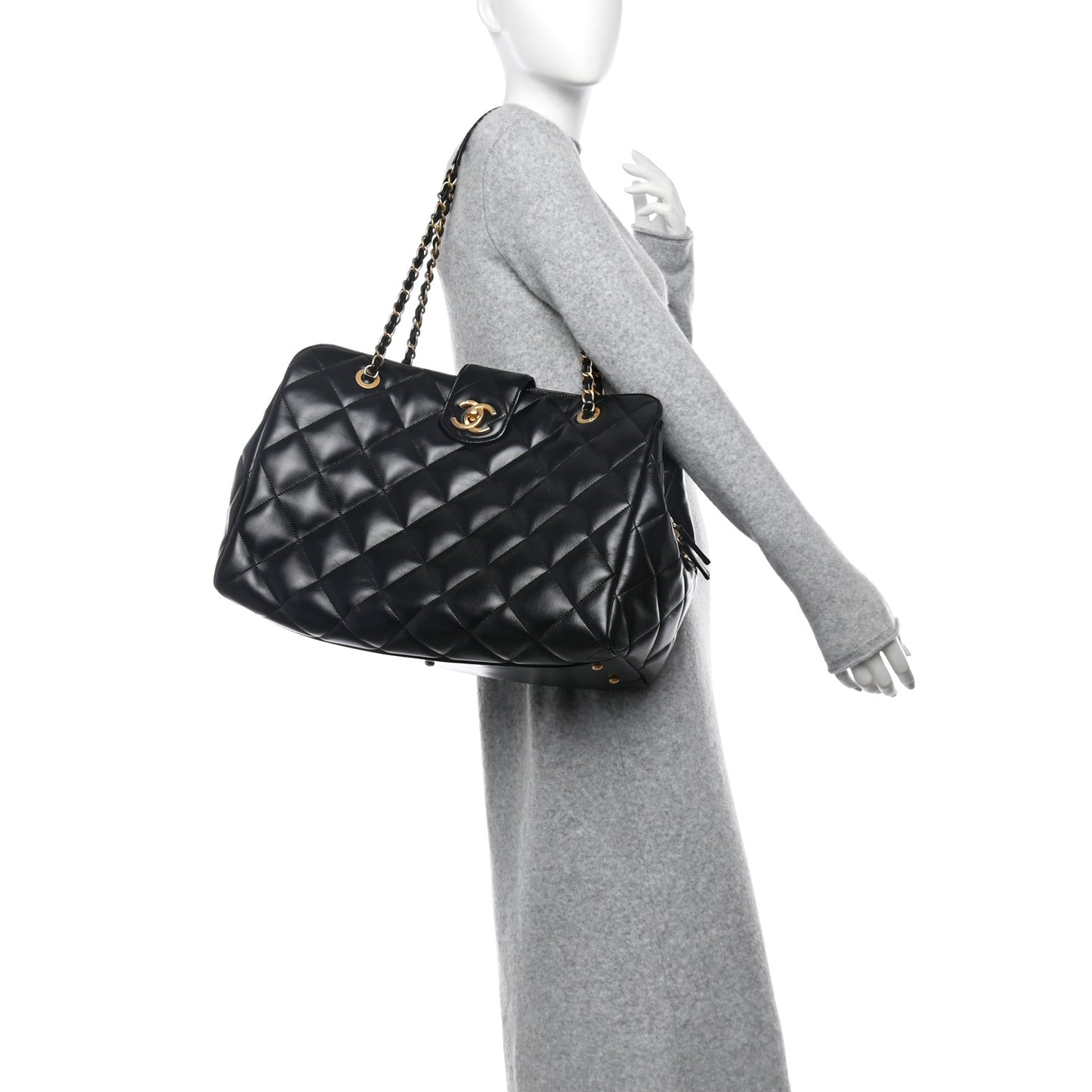 Shiny Calfskin Quilted Shopping Tote Black