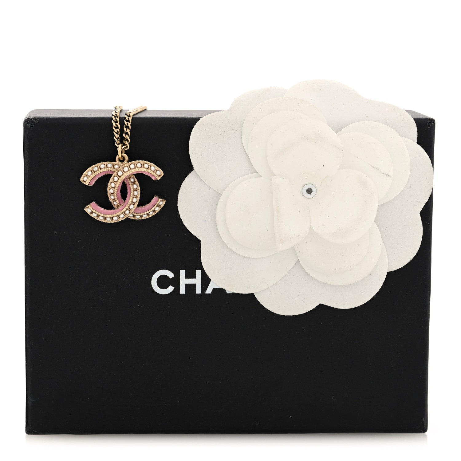 Chanel Metal Enamel Pearl CC Chain Necklace Pendant Gold Pink