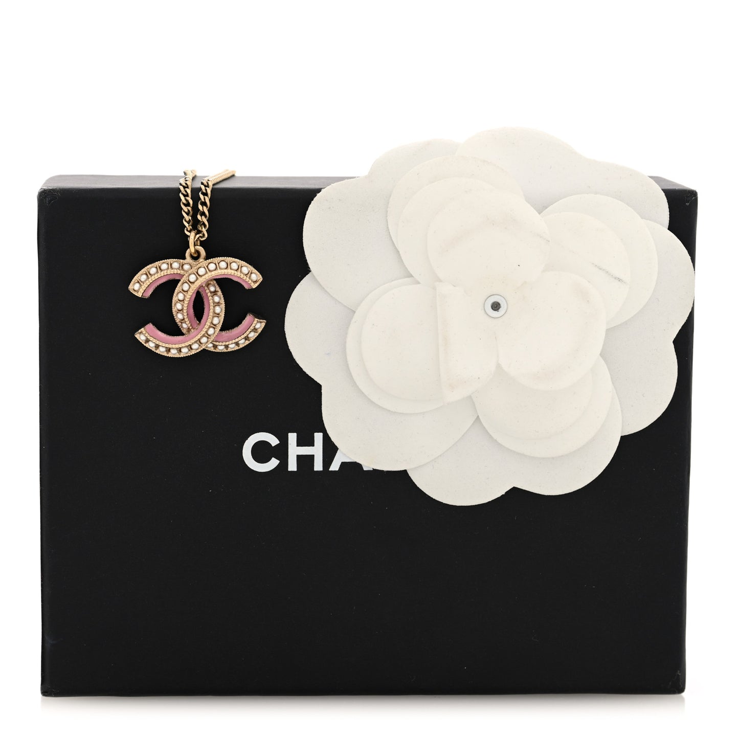 Metal Enamel Pearl CC Chain Necklace Pendant Gold Pink