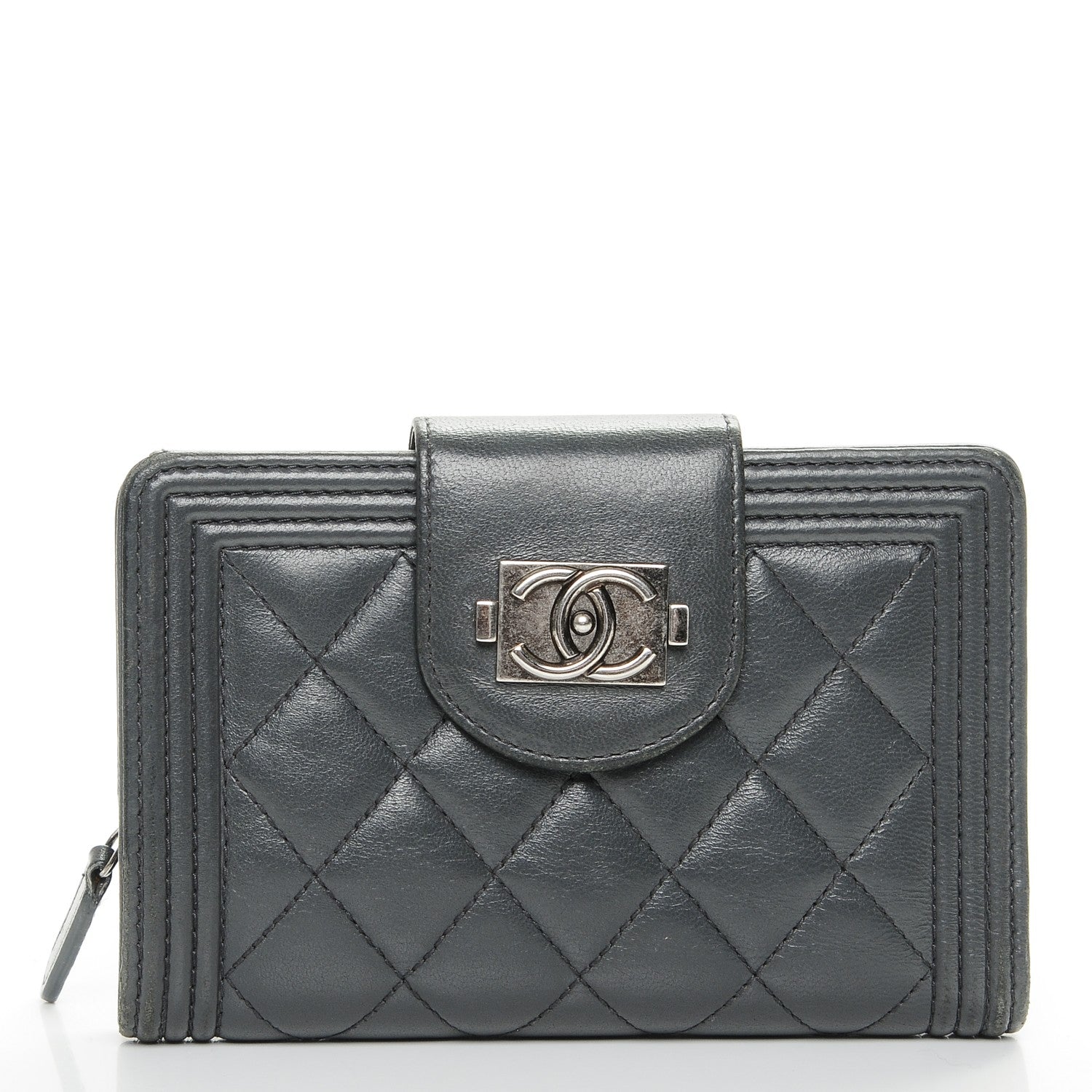 Chanel Lambskin Quilted Boy Large Zip Pocket Wallet Dark Grey 1 of 8