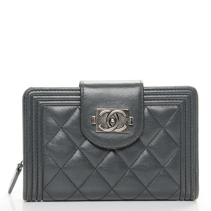 Chanel Lambskin Quilted Boy Large Zip Pocket Wallet Dark Grey 1 of 8