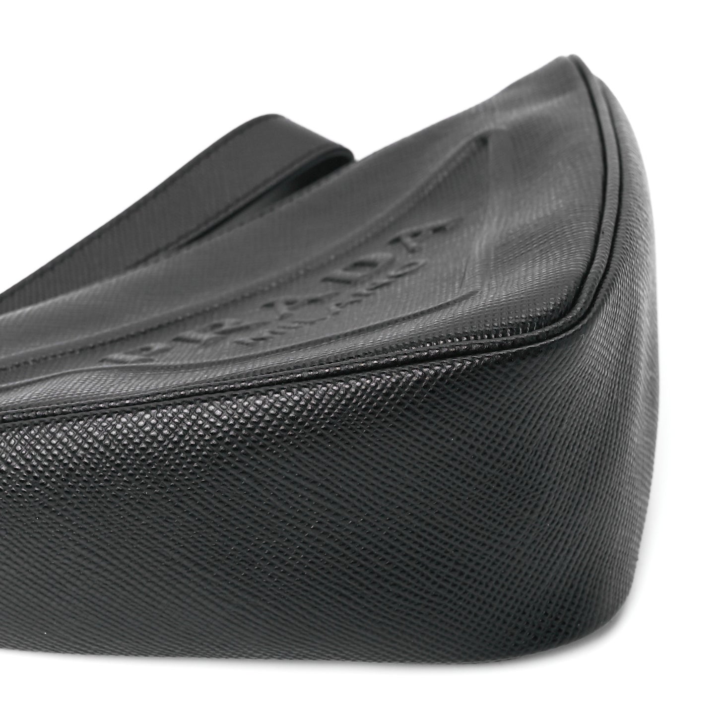 Saffiano Cuir Triangle Logo Embossed Triangle Wristlet Black