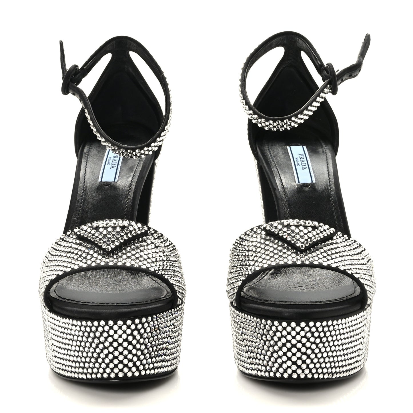 Satin Crystal Triangle Logo 40/135mm Platform Sandals 38.5 Black