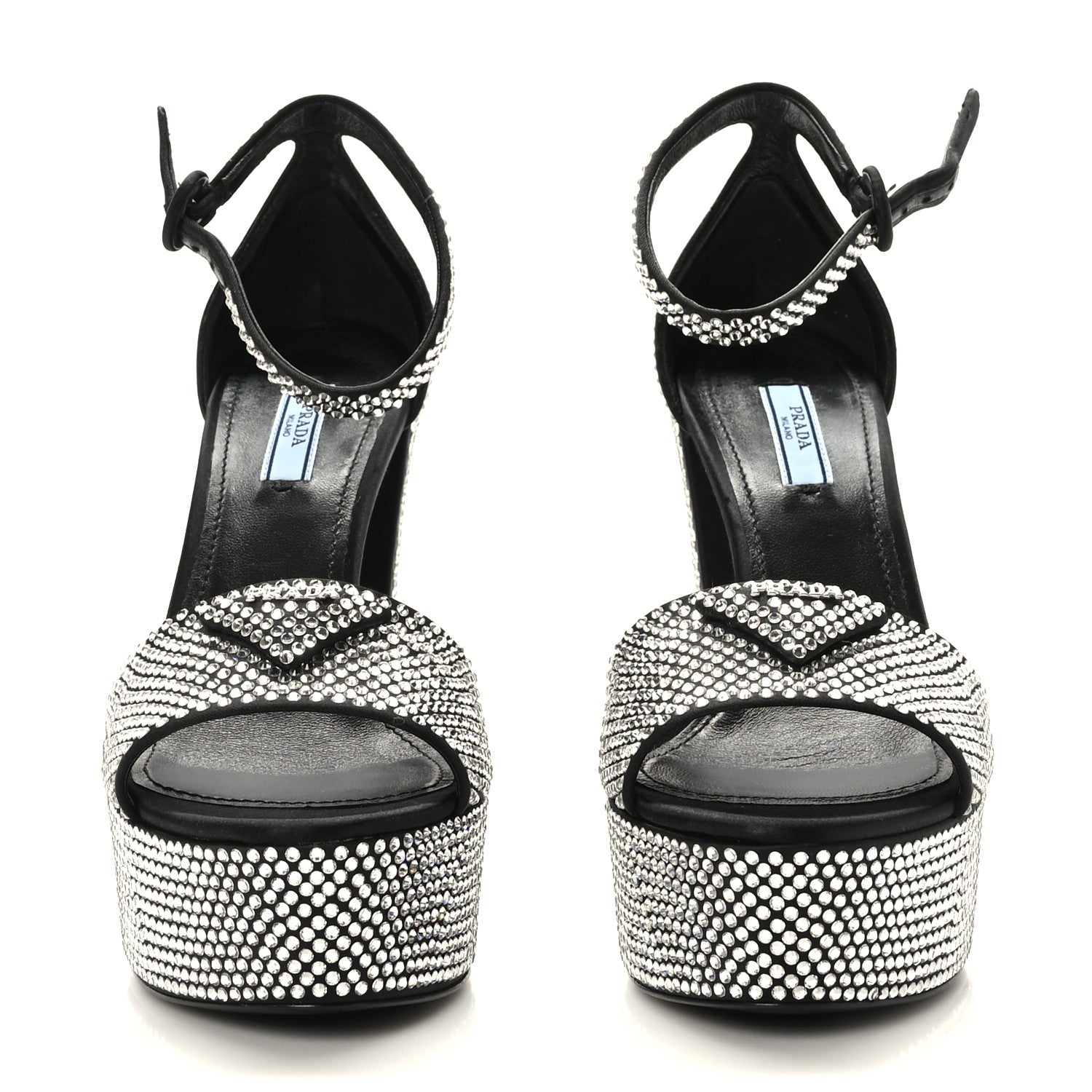 Prada Satin Crystal Triangle Logo 40/135mm Platform Sandals 38.5 Black 2 of 7