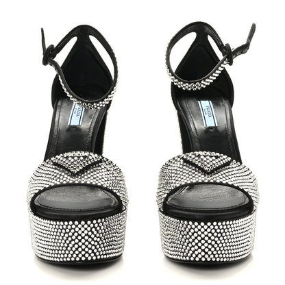 Prada Satin Crystal Triangle Logo 40/135mm Platform Sandals 38.5 Black 2 of 7