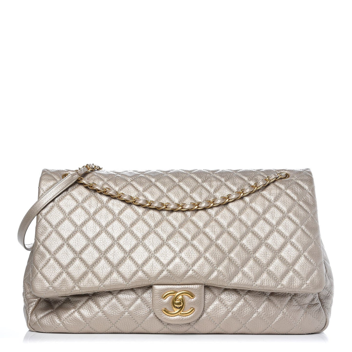 Metallic Calfskin Quilted XXL Travel Flap Bag Gold