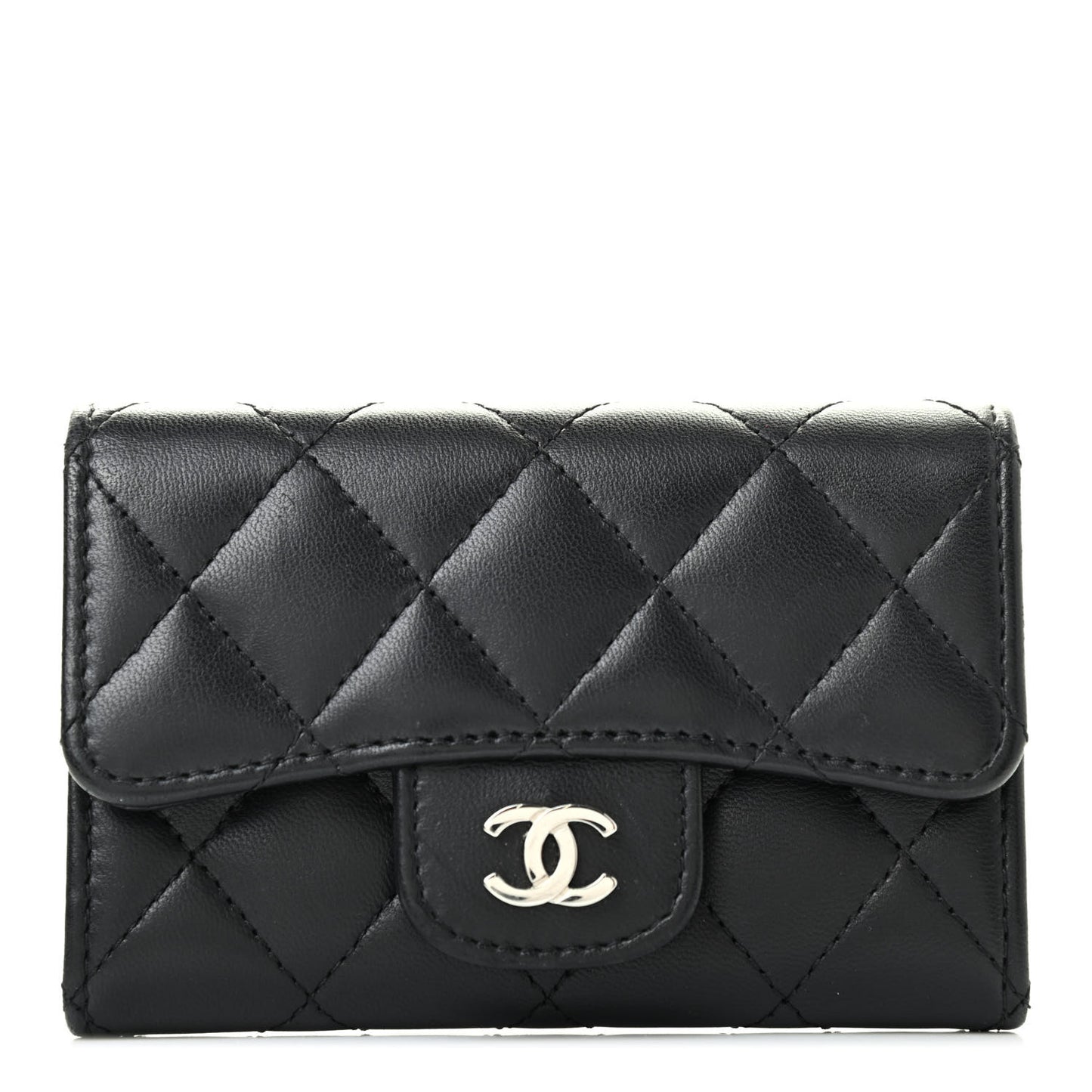 Lambskin Quilted Flap Card Holder Black
