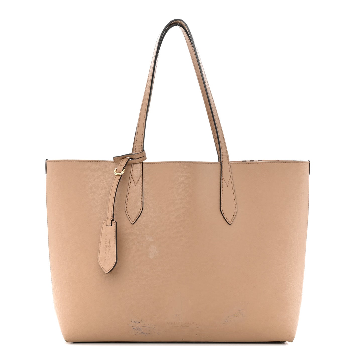 Grainy Calfskin Haymarket Check Medium Reversible Tote Camel