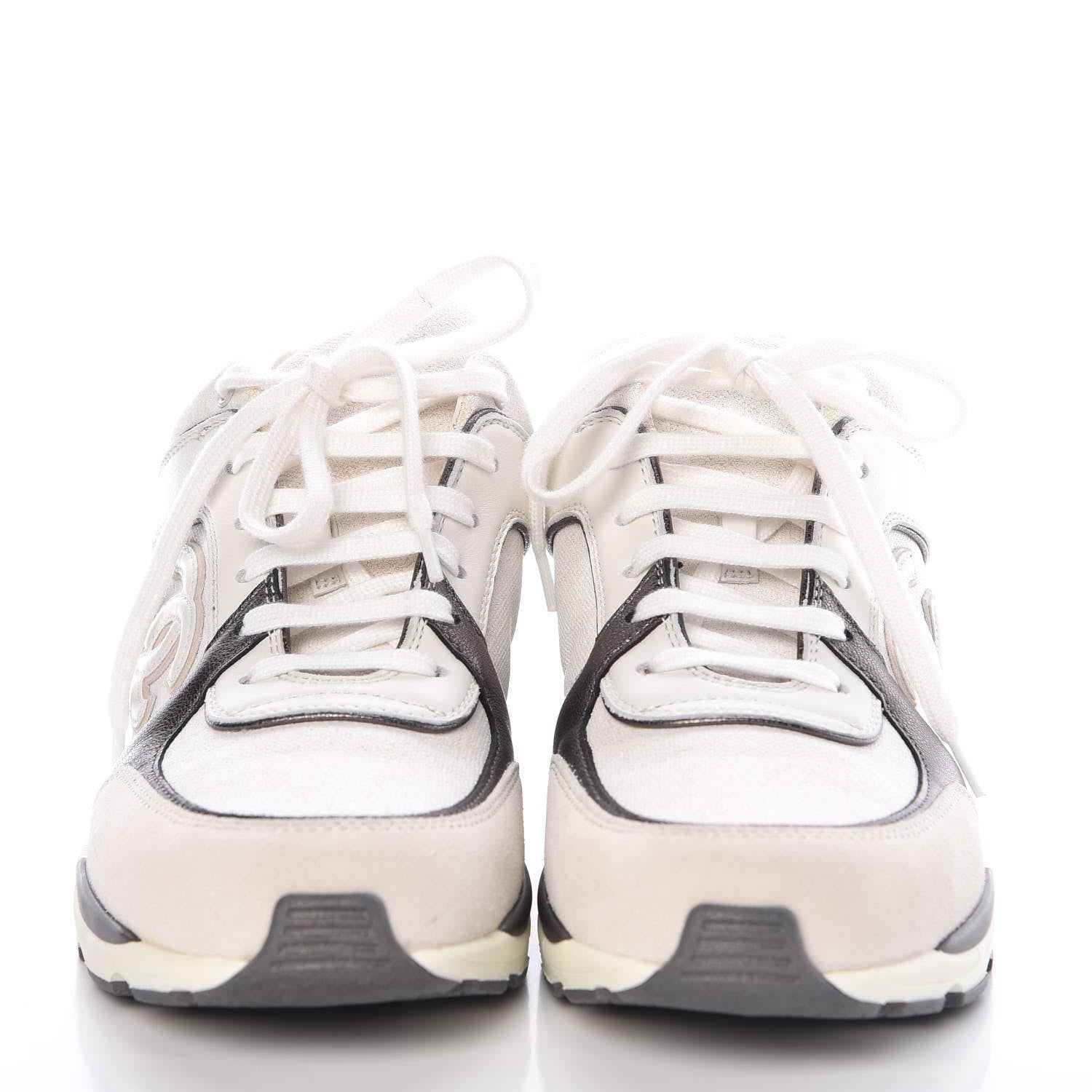 Chanel Suede Calfskin CC Sneakers 37 White Grey 2 of 9
