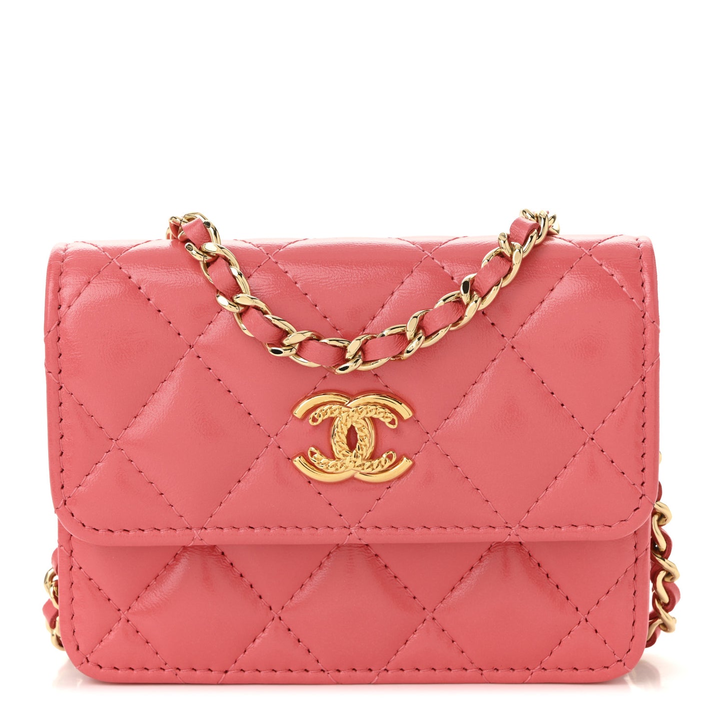 Shiny Lambskin Quilted Card Holder On Chain Pink