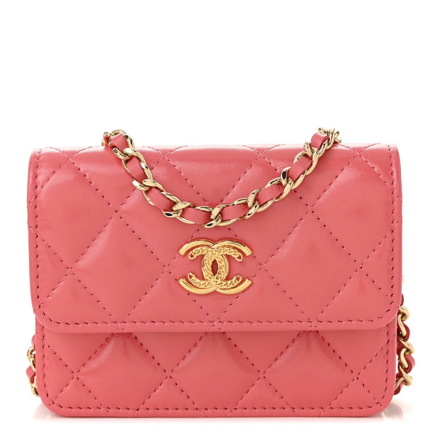 Chanel Shiny Lambskin Quilted Card Holder On Chain Pink 1 of 10