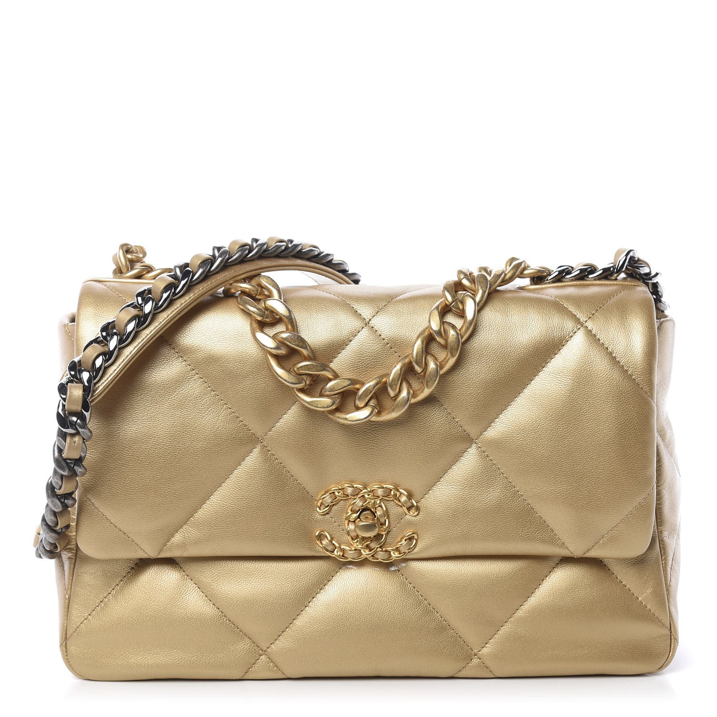 Metallic Goatskin Quilted Large 19 Flap Gold