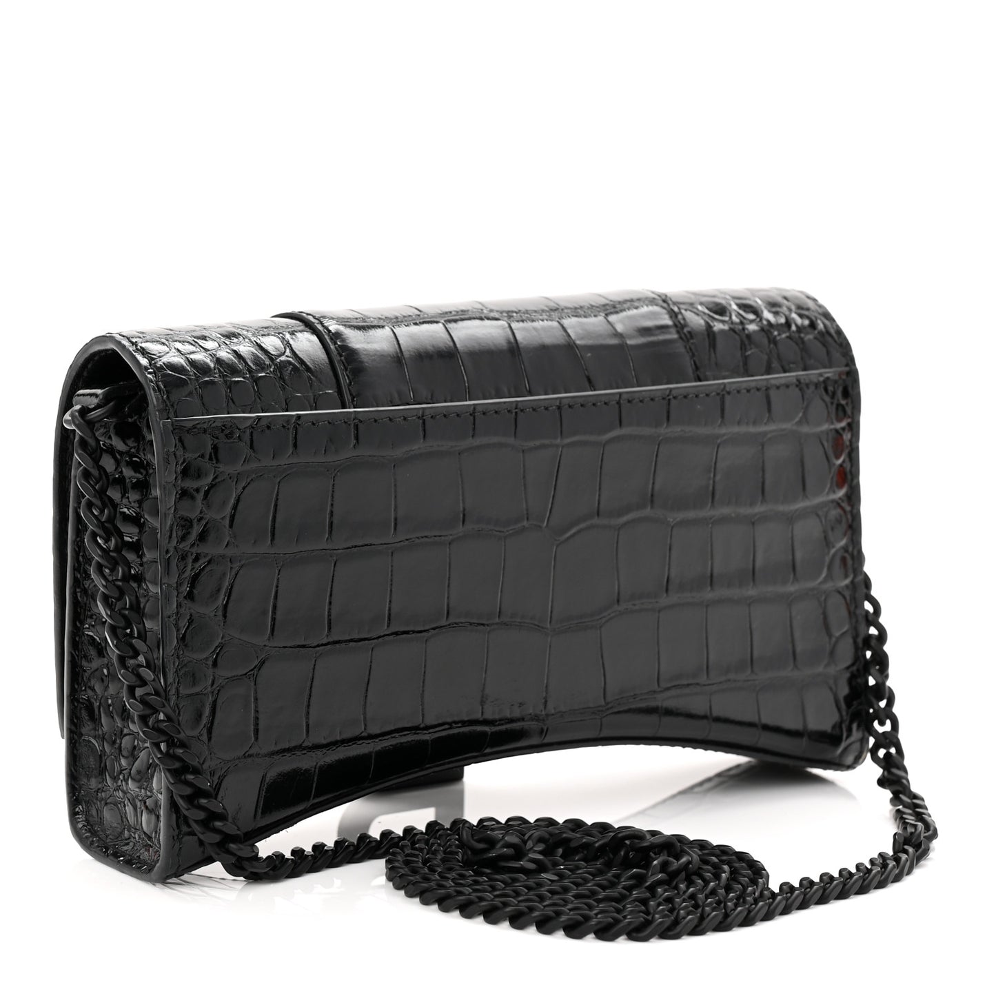 Shiny Calfskin Monochrome Crocodile Embossed Hourglass Chain Bag Black
