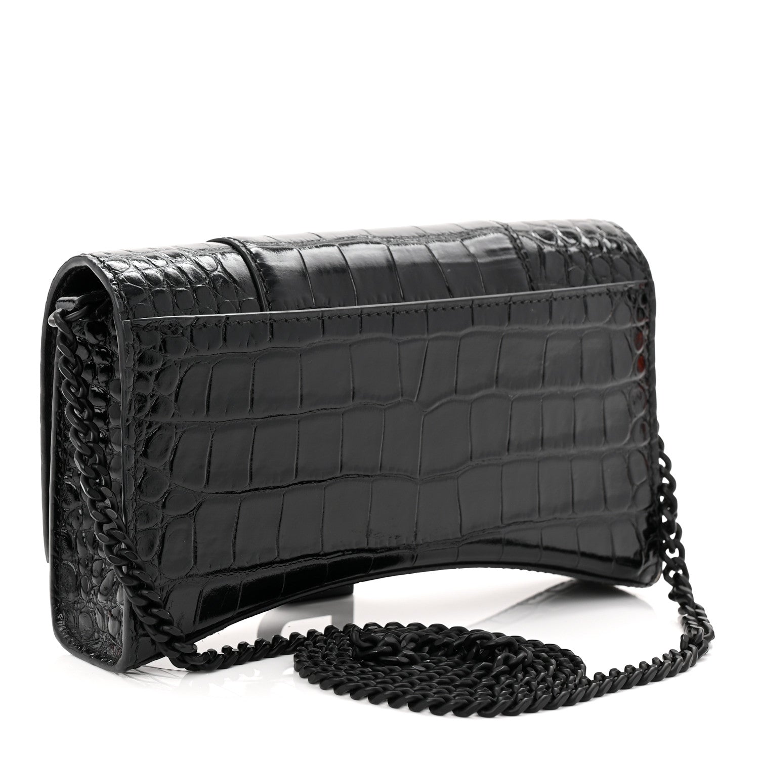 Balenciaga Shiny Calfskin Monochrome Crocodile Embossed Hourglass Chain Bag Black 3 of 9