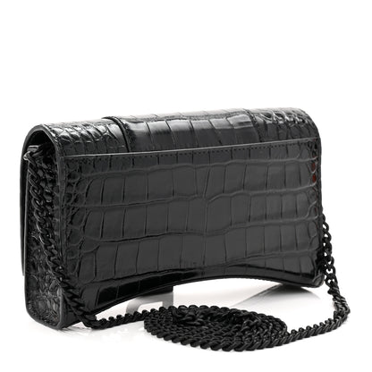 Balenciaga Shiny Calfskin Monochrome Crocodile Embossed Hourglass Chain Bag Black 3 of 9