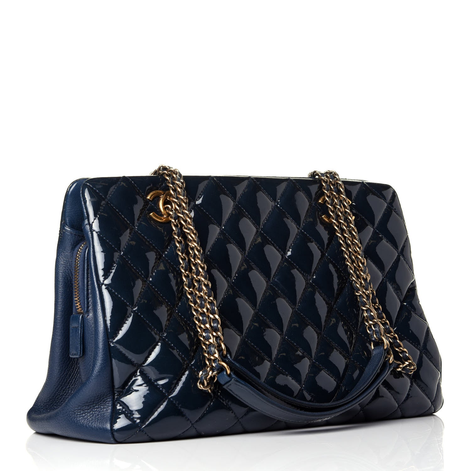 Chanel Patent Goatskin Quilted Small CC Eyelet Tote Blue 3 of 9