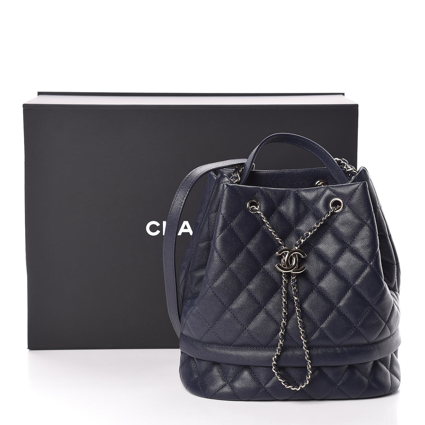 Caviar Quilted Rolled Up Bucket Drawstring Bag Navy