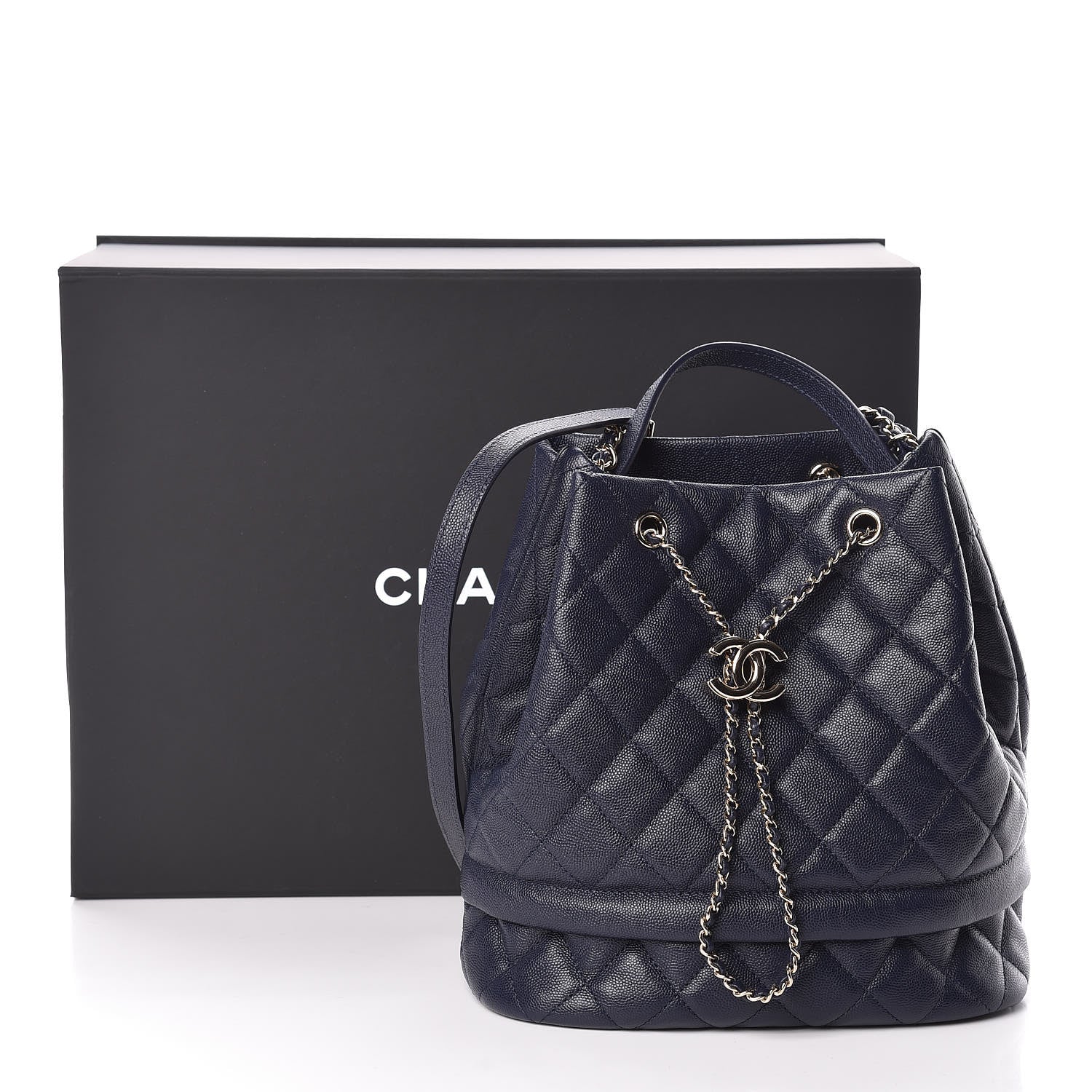 Chanel Caviar Quilted Rolled Up Bucket Drawstring Bag Navy 11 of 11