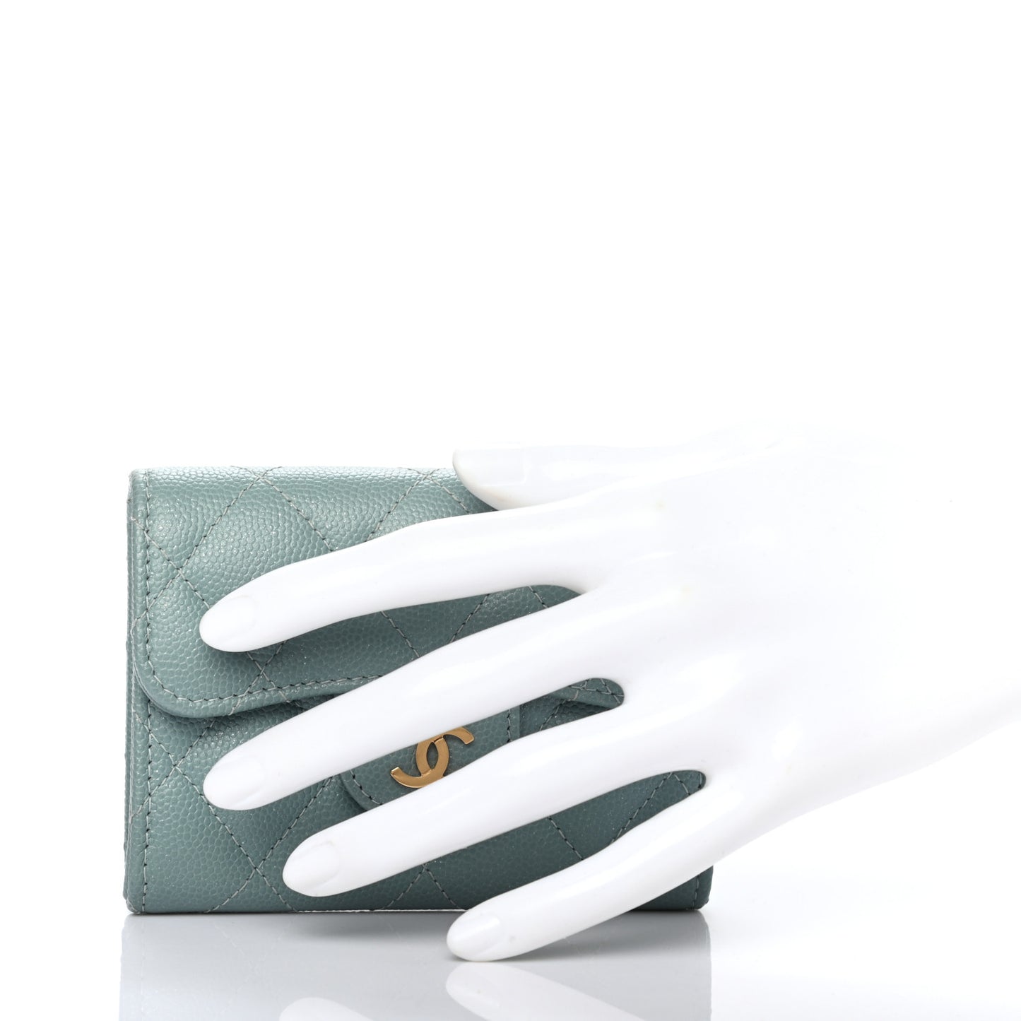 Iridescent Caviar Quilted Flap Card Holder Wallet Light Blue