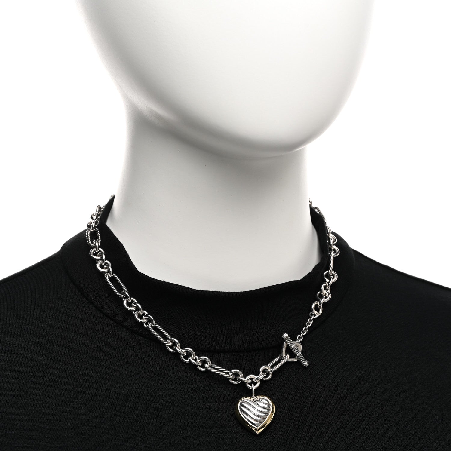 David Yurman Sterling Silver 18K Yellow Gold Cable Heart Figaro Necklace 2 of 6