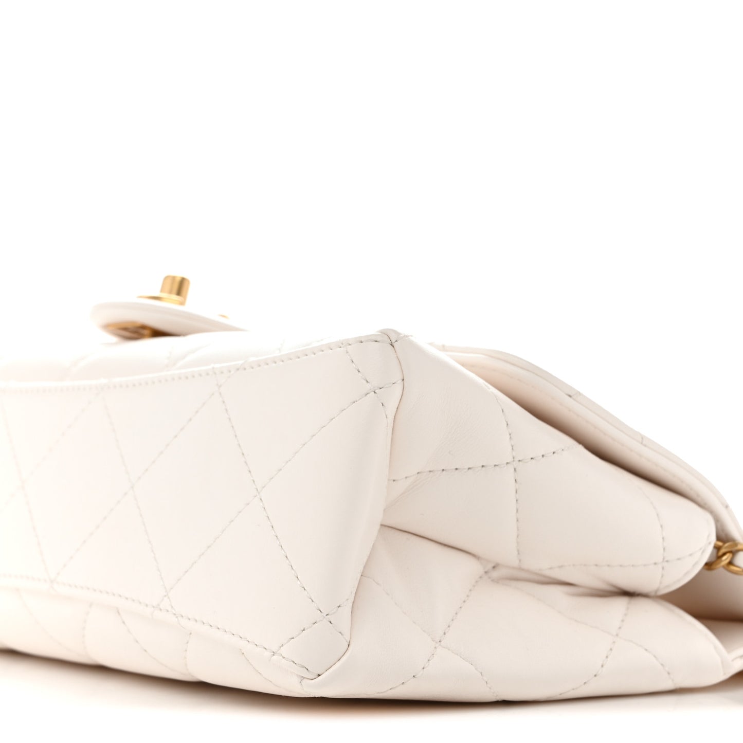Shiny Lambskin Pearl Top Handle Flap Shopping Bag White