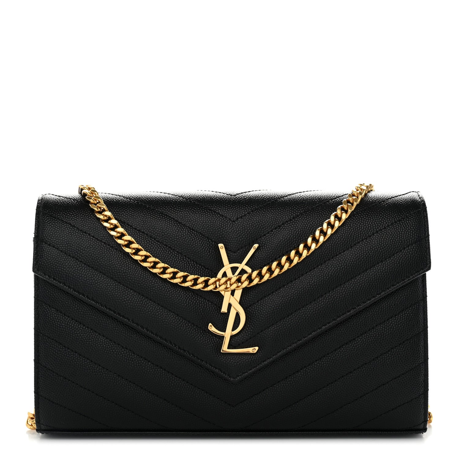 Saint Laurent Grain De Poudre Matelasse Chevron Monogram Chain Wallet Black 1 of 11
