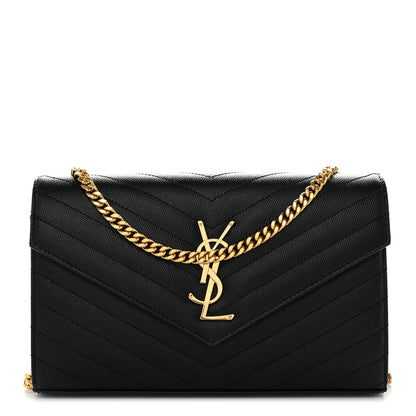 Saint Laurent Grain De Poudre Matelasse Chevron Monogram Chain Wallet Black 1 of 11