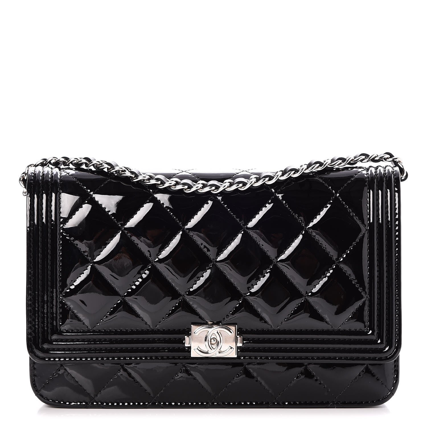 Chanel Patent Calfskin Quilted Boy Wallet On Chain WOC Black 1 of 9