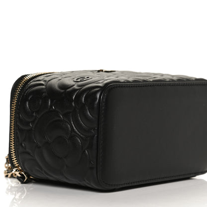 Chanel Lambskin Camellia Embossed Small Vanity Case With Chain Black 9 of 13