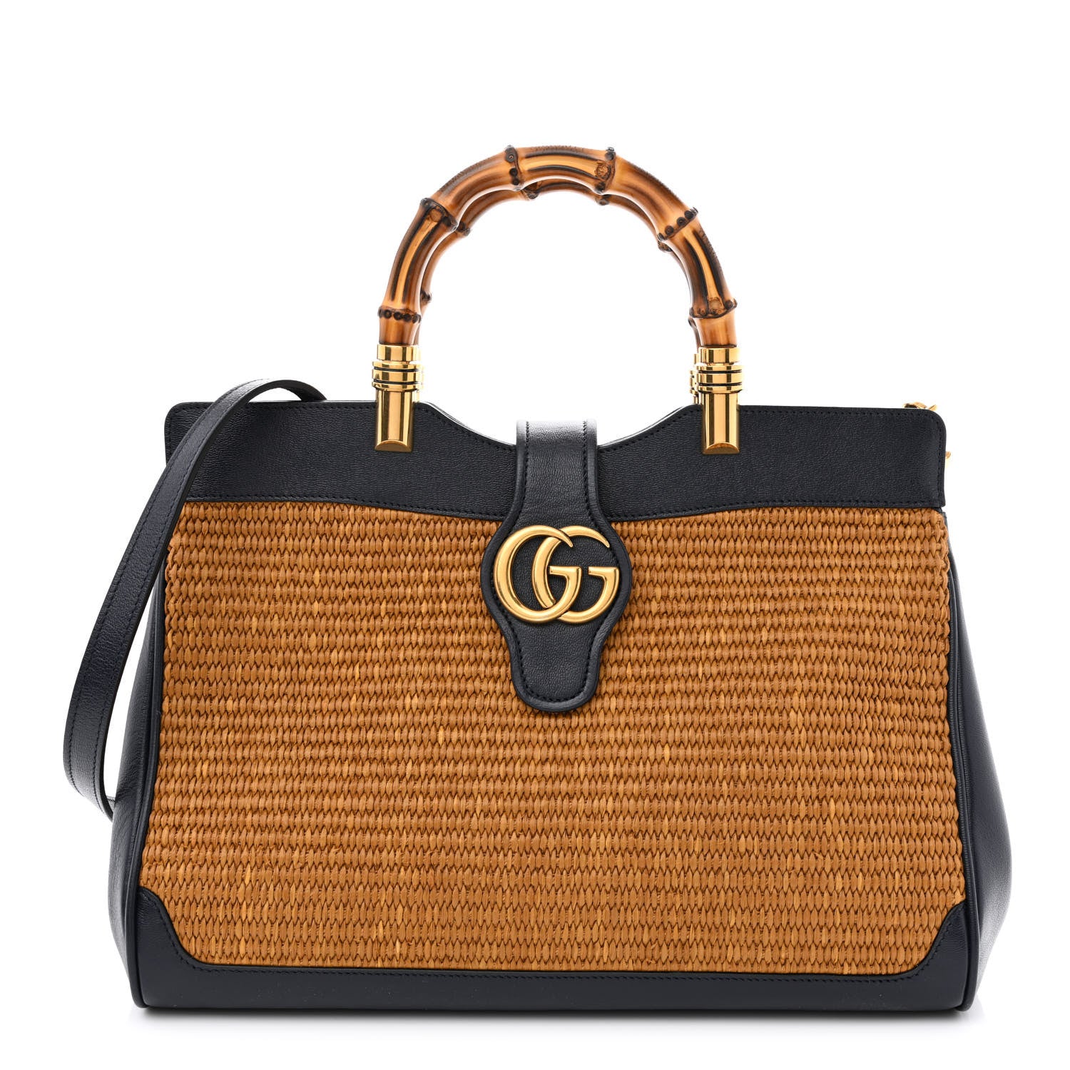 Gucci Straw Lux New Sakai Calfskin Lux Medium Dahlia Bamboo Handle Tote Bag Dark Natural Blue 1 of 14